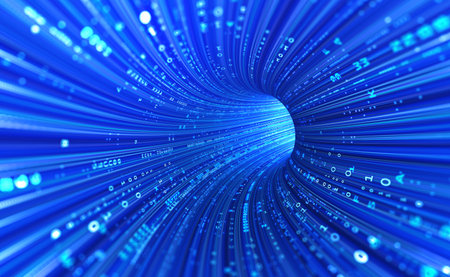 Neon rays virtual flight. 3D illustration of computer code flowing inside cable. High-speed data transmission tunnel. Internet Gateway Data Flowの写真素材