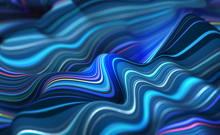 Abstract waves of digital surfaces. Soft fluidity of abstract data flow, stream. 3D illustration of stripes swirling on the surface of waterの写真素材