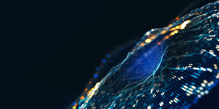 big data processing. Abstract artificial neural network. Cyber field of wavy particles. 3d illustration of high tech backgroundの写真素材