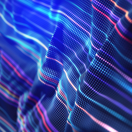Dancing points of vibration sounds. Sound waves of digital data. Information flow field 3D...