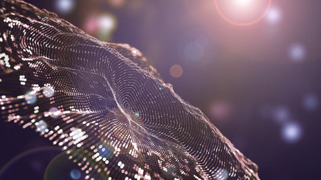 big data processing. Abstract artificial neural network. Cyber field of wavy particles. 3d illustration of high tech backgroundの写真素材