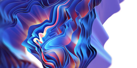 Layers intertwined in a ball of innovation. Flowing rays from depths of abstract concepts. 3D illustration of neon lights with a fluid stream of frosty emotionsの写真素材