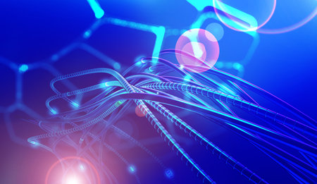 Bright signals transmit data quickly. Bundles of abstract fiber optic wires in neon light. Technology of high-speed Internet connection. Cyber concept 3d illustrationの写真素材