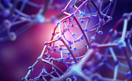 Synthetic cyber DNA molecule. artificial intelligence neural network. Crystal lattice, molecular structure 3D illustration. Scientific innovations in genetics and microbiologyの素材
