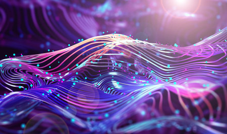 Synthetic mind of abstract neural networks. Science and technology innovation. Neon strings of wavy particles. 3d illustration of abstract cyberspaceの写真素材