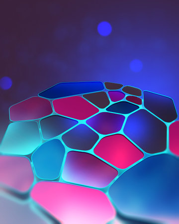 Fluorescent array of cells, neon neural network. Ultraviolet diode light abstraction. 3D...