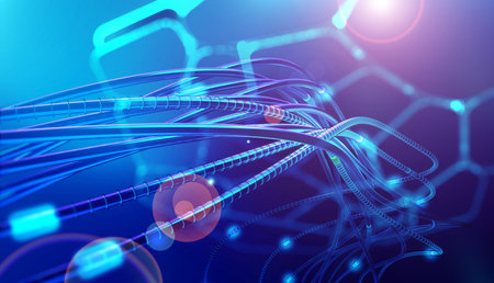 Bright signals transmit data quickly. Bundles of abstract fiber optic wires in neon light. Technology of high-speed Internet connection. Cyber concept 3d illustrationの写真素材