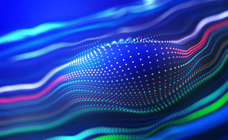 Data particles in the information flow of neon strings. 3D illustration of digital sound vibrationsの写真素材
