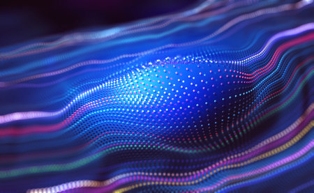 Data particles in the information flow of neon strings. 3D illustration of digital sound vibrationsの写真素材