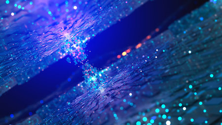 Cyberspace, neural network, big data, information flow, stream, fantastic urban landscape of a futuristic city. 3D illustration of data transmission technologyの写真素材