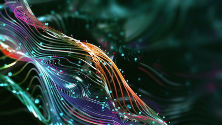 Synthetic mind of abstract neural networks. Science and technology innovation. Neon strings of wavy particles. 3d illustration of abstract cyberspaceの写真素材
