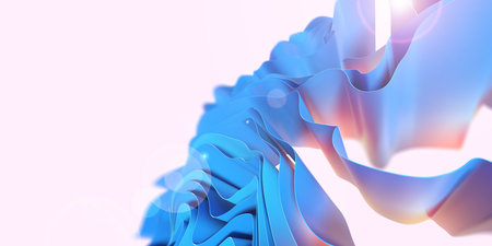Modern abstract wallpaper with wavy pink and blue layers and folds. Background of fashion, cosmetology, medicine. Virtual rose petals 3D illustrationの写真素材