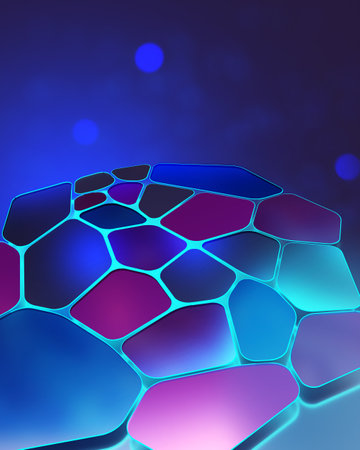 Cells of cyberspace in a synthetic neural network. 3D illustration of a fluorescent, neon cyberpunk objectの写真素材