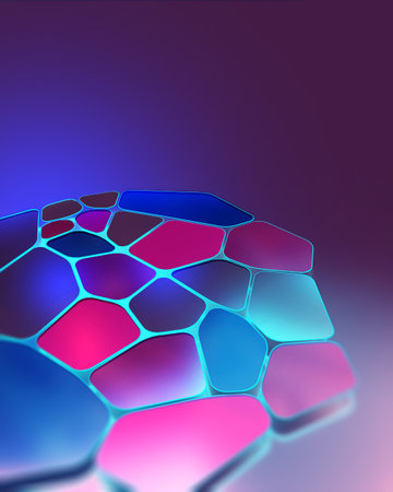 Fluorescent array of cells, neon neural network. Ultraviolet diode light abstraction. 3D illustration cyberpunk hi-tech backgroundの写真素材