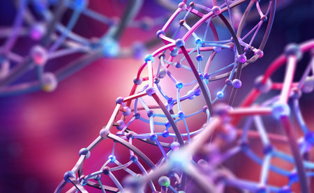 Synthetic cyber DNA molecule. artificial intelligence neural network. Crystal lattice, molecular structure 3D illustration. Scientific innovations in genetics and microbiologyの素材