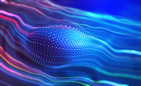 Particle waves, music sounds, big data, open information. 3D illustration diodes, neon flow, synthesis, generationの写真素材