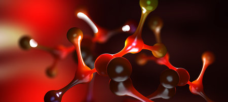 Molecule abstract model, crystal lattice, atom structure 3D illustration. Scientific research and innovation in medicine and genetic engineeringの写真素材