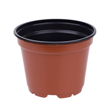 brown black conventional plastic pot for flower seedlings isolatedの写真素材