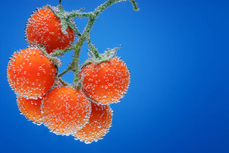 branch of fresh tomatoes in blue waterの写真素材