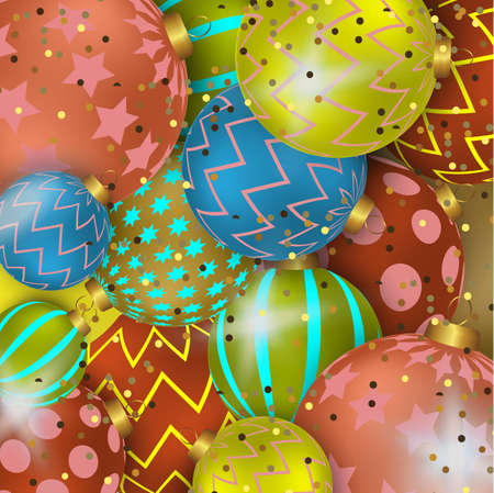 Christmas background with shining colorful balls. New year and Christmas vector card illustration on red backgroundのイラスト素材