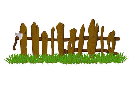 Green grass and old brown fence on a white background.のイラスト素材