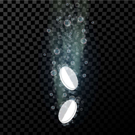 Soluble tablets in liquid with bubbles. Vector template for advertising aspirin, vitamin with other medical soluble drugs, dissolving processのイラスト素材