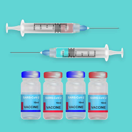 Vaccine bottle with syringe in red and blue on a light blue background. Vaccine medication and injection of syringe vaccine for covid-19. Vector illustration.のイラスト素材