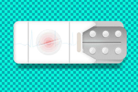 Vector realistic packaging of pills for headache in isolated box close up. Headache pills, paracetomol, aspirin. Layout design template. Foregroundのイラスト素材