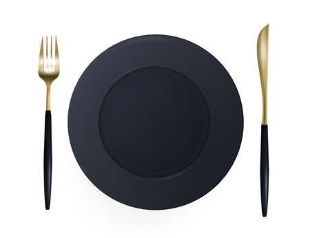 Black plate with knife and fork with a golden tint. Isolated over white background. Food design decoration. Realistic.の写真素材