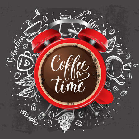 Red alarm clock with coffee foam and doodle sketch illustration of cafe beans, beverage details for cafe menu.のイラスト素材