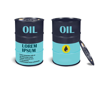 Barrel with a volume of 200 liters, black, glossy, metal. Container for liquid chemical products - oil, fuel, gasoline. Photorealistic vector packaging mockup template with sample design. Vector 3d illustration.のイラスト素材
