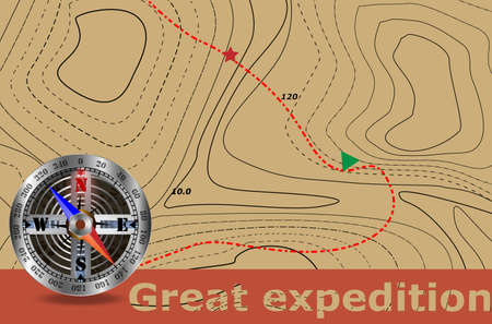 Travel. Great expedition and azimuth compass and map. The background of the route on the contour map. Tourism and travel symbol.の写真素材