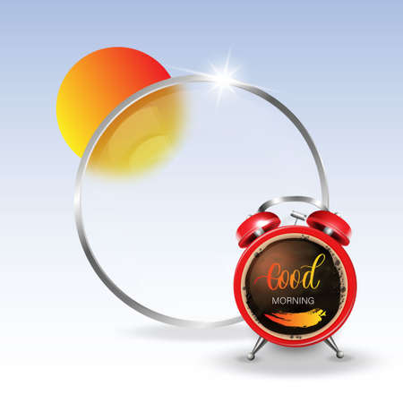 Good morning. Blurred photographic background with alarm clock, sun and text.のイラスト素材