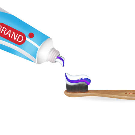 Tube of Toothpaste and toothbrush. Vector illustration of realistic tube, brush and cream on white background.のイラスト素材