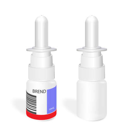 Realistic nasal spray plastic white bottle mockup set. Against flu and nose diseases. Pharmaceutical aerosol with pump with and without label. 3d medication vector template.の写真素材