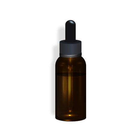 Realistic essential oil brown bottle. Mock up bottle. Cosmetic vial, flask, flacon. Medical bank. Cosmetic dropper-bottle with cocoa fruit background. Prescription bottle with design labelのイラスト素材