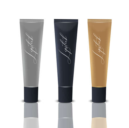 Vector 3d Realistic Plastic, Black, Silver, Bronze Tooth Paste, Metal Metallic, Lip Gloss, Balm, Cream Tube, Packing Set Isolated. Design Template, Cosmetics, Toothpaste, Cream, Mockup. Front Viewのイラスト素材