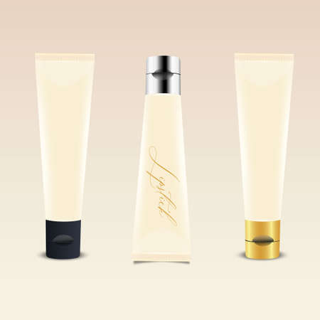 Vector 3d realistic plastic, cream tube packaging with silver, gold, black cap isolated on white background. Design template of toothpaste, cosmetics, mockup cream. Foregroundのイラスト素材