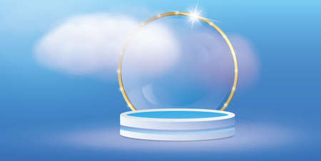 A podium stage in shades of blue with a plinth and gold rim with highlights in the clouds. Design presentation of cosmetics, perfumery, deodorants, detergents and hygiene products.のイラスト素材