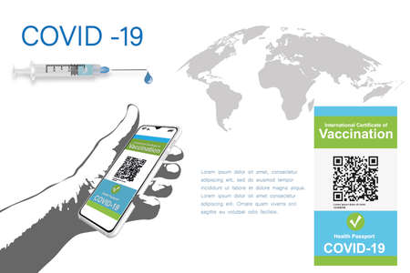 A vaccinated person using a digital health passport app in a mobile phone to travel during the...