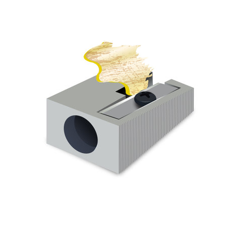 metal pencil sharpener with shavings. Vector illustration of sharpening a pencil. Design of a school poster, signboard, booklet, notebookのイラスト素材
