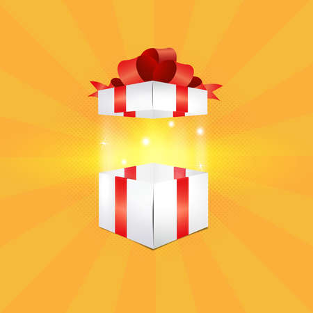 Vector illustration of an open gift box on a halftone background with rays in sunny shades. Product presentation, discounts, gift, sale, baby productsのイラスト素材