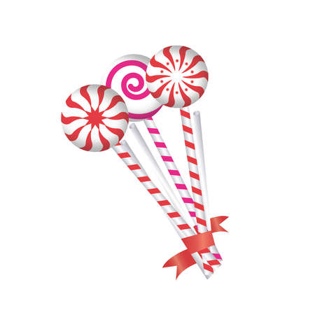 Lollipop candies on stick in various colors set, realistic vector mockup illustration isolated on white background. Rounded caramel sweets template collection.のイラスト素材