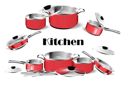 Realistic red dishes. Steel cooking pots with cape, metal saucepan and skillet, isolated cookware. Vector image 3D chrome frying pan and kitchen utensilのイラスト素材