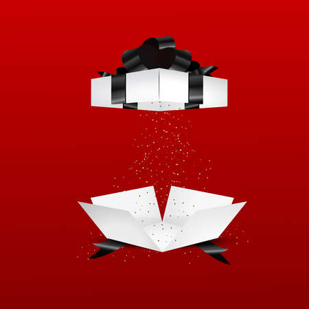 A festive, gift open box with a lid and a black bow on a red background.のイラスト素材