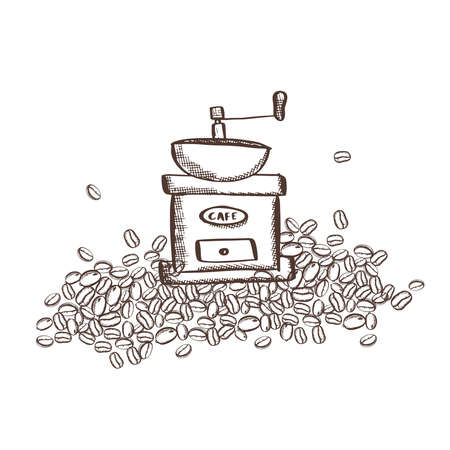 Its time to drink coffee. Coffee shop design concept. Coffee grinder on the background of grainsのイラスト素材