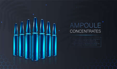 The layout of a cosmetic product in ampoules for a catalog, magazine. Natural oil with vitamins, hyaluronic acid. Vector illustration with ampoules with reflection on a dark backgroundのイラスト素材
