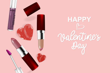 A festive banner for Valentine's Day. Realistic cosmetics with a heart and a calligraphic inscription on a pink background for greeting cards, headlines and website, vector design.のイラスト素材
