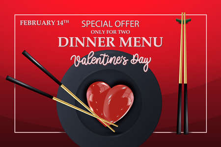 Valentine's Day menu design with golden sushi sticks on a red background. Romance, February 14, Dinner, Food concept. Vector illustration for banner, poster, menu, leaflet, advertisement.のイラスト素材