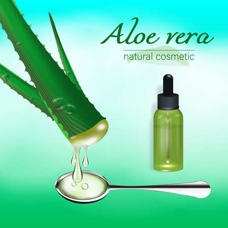 Aloe vera plant with flowing juice and a glass dropper bottle. Layout of collagen serum packaging. Poster template with advertising of cosmetic products for beauty. Realistic 3d vector illustrationのイラスト素材